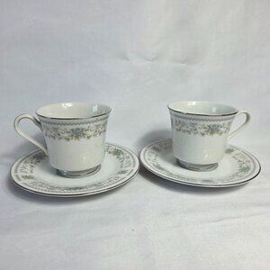 TWO Nitto Hanover Cup & Saucer Sets White with Blue Flowers and Green Leaves